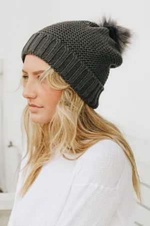 Grey Pom Beanie Sherpa Lined