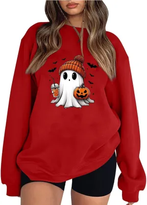 Halloween Sweatshirts for Women Long Sleeve Crewneck Cute Spooky Pullover Tops Oversized Halloween Ghost Shirt