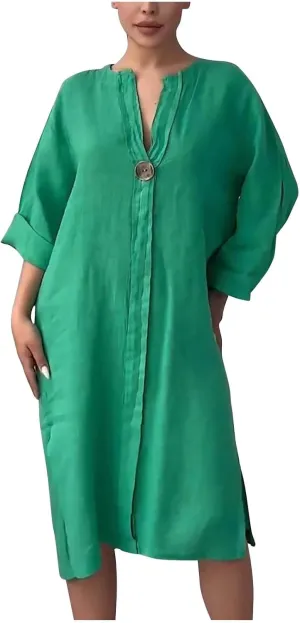 HGps8w Plus Size Cotton Linen Dress for Women 2025 Summer Loose V Neck Vintage 3/4 Sleeve Lightweight Casual Solid Midi Dress