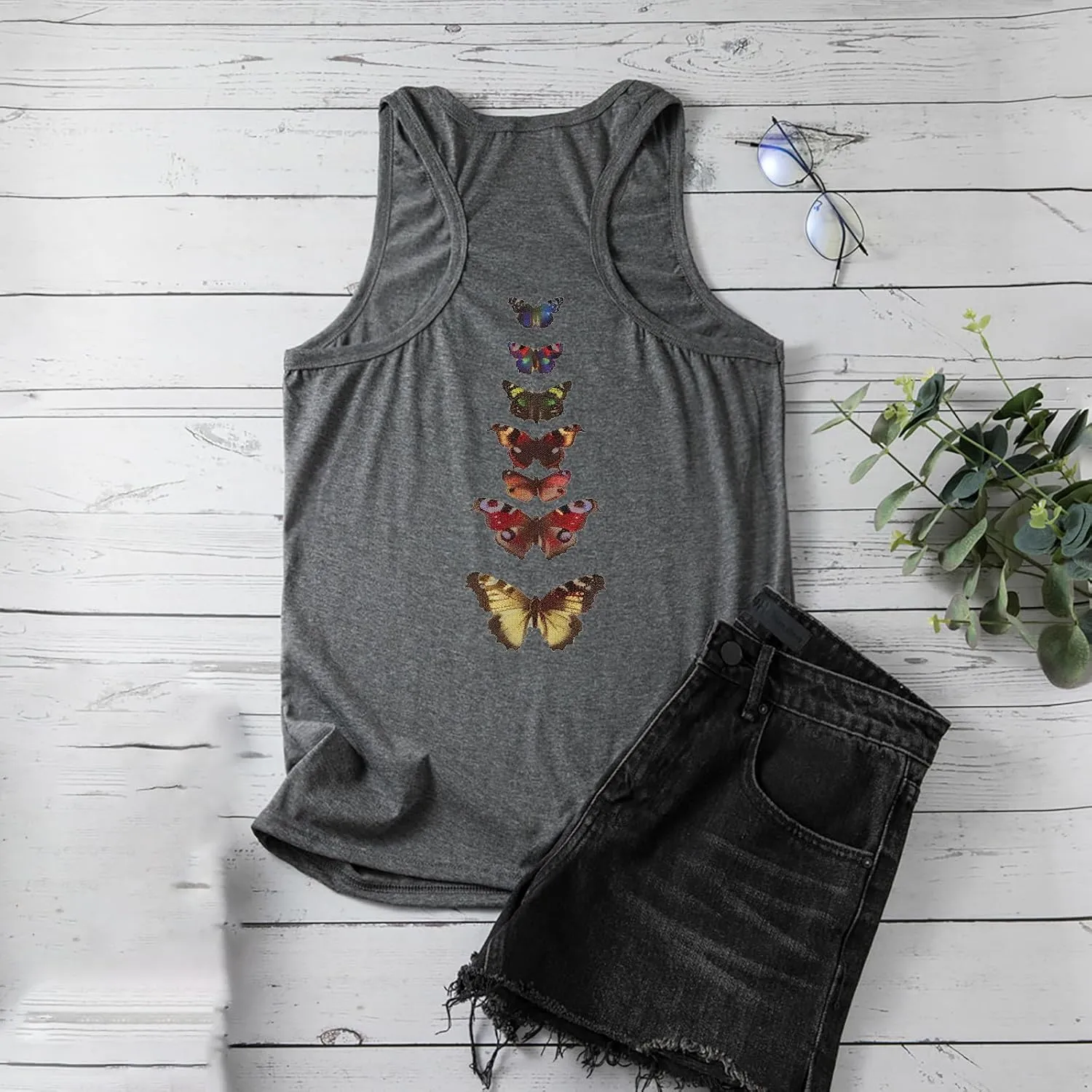 HGps8w Racerback Tank Tops for Women Back Butterfly Printed Loose Fit Sleeveless Summer Chic Yoga Workout Camisole Shirts