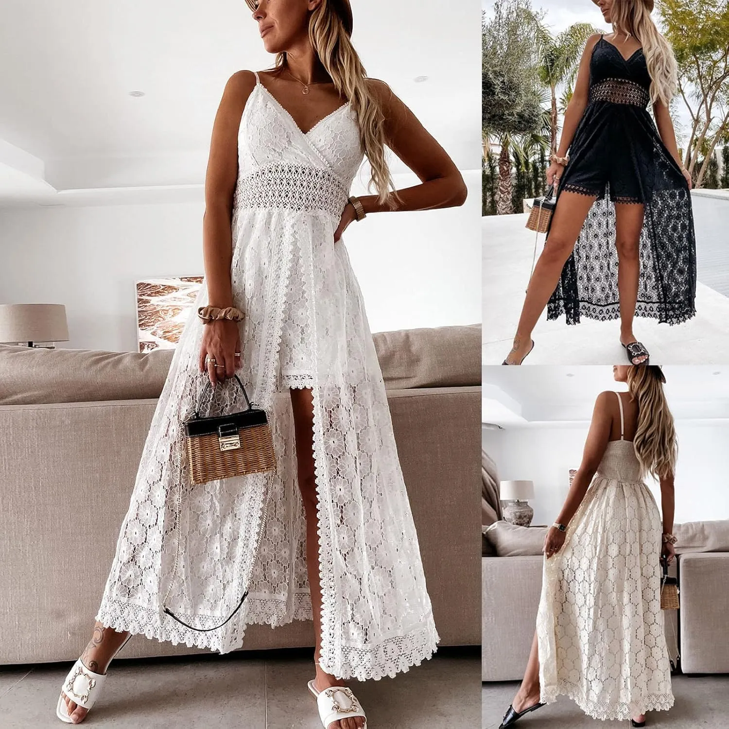 HGps8w Summer Boho High Low Lace Dress for Women, Casual V Neck Spaghetti Strap Tassels Trim Midi Dresses for Wedding Party