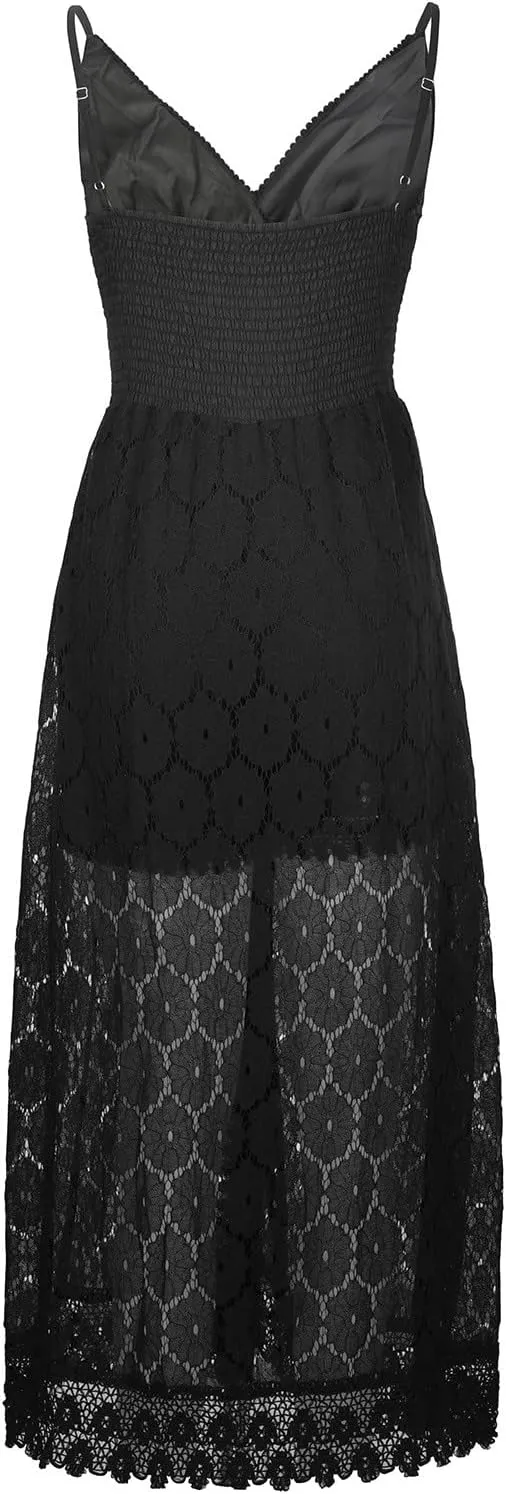 HGps8w Summer Boho High Low Lace Dress for Women, Casual V Neck Spaghetti Strap Tassels Trim Midi Dresses for Wedding Party