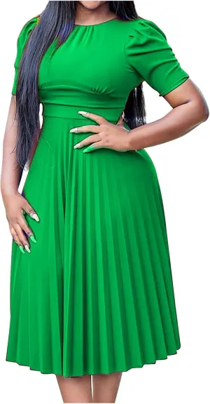HGps8w Women's Elegant Plus Size Pleated Dresses Casual Crew Neck High Waist Cocktail Party Business A Line Midi Dress