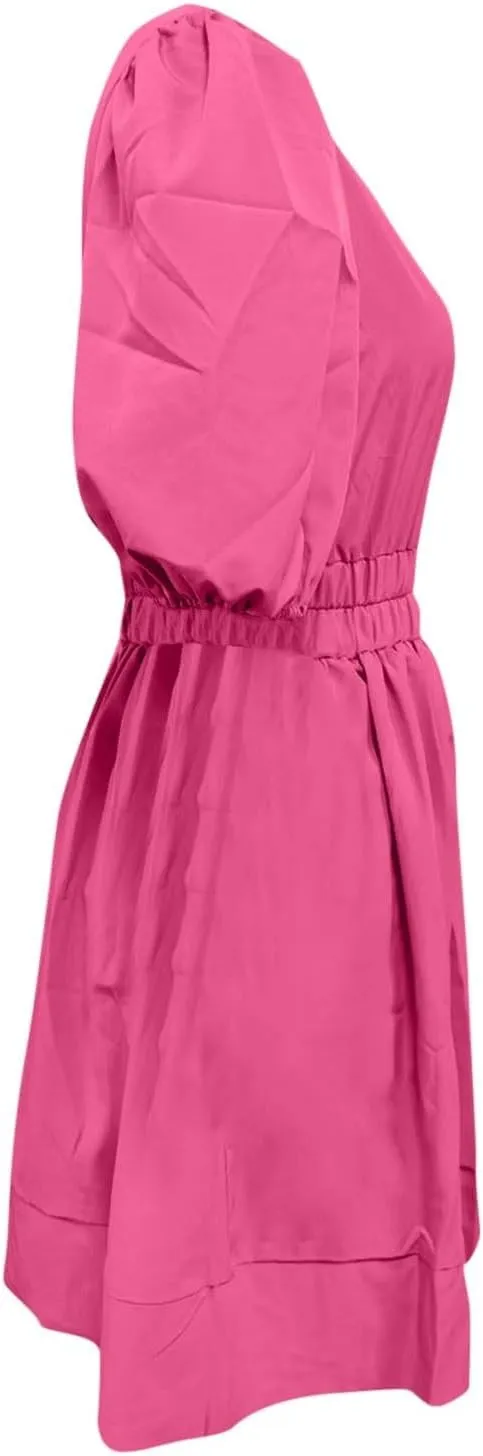 HGps8w Womens Puff Sleeve Cute A-Line Mini Dress Sexy Deep V Neck High Waisted Ruffle Short Dress Party Club Dresses