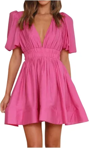 HGps8w Womens Puff Sleeve Cute A-Line Mini Dress Sexy Deep V Neck High Waisted Ruffle Short Dress Party Club Dresses