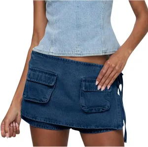 HGps8w Women's Stretchy Denim Cargo Skort Sexy High Waisted 2025 Summer Casual Mini Jean Skirt Shorts with Pockets