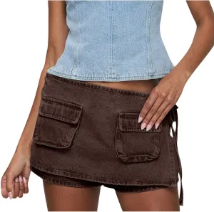 HGps8w Women's Stretchy Denim Cargo Skort Sexy High Waisted 2025 Summer Casual Mini Jean Skirt Shorts with Pockets