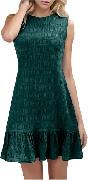 HGps8w Women's Summer Casual Jacquard Tank Dress, Ruffle Hem Elegant Sleeveless Crewneck Loose Solid Mini Beach Dresses