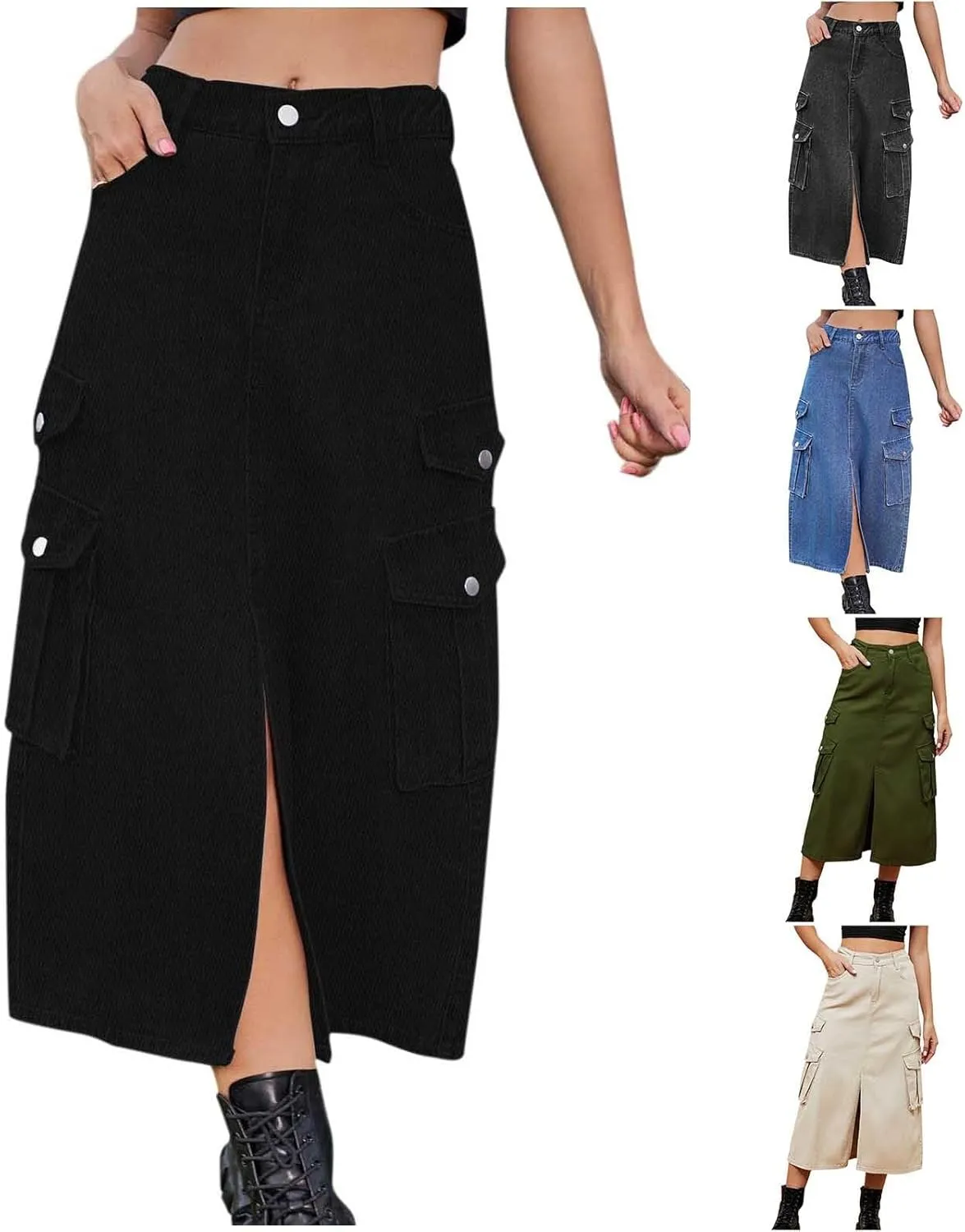 HGps8w Womens Summer Split Front Cargo Skirt Casual High Waisted A-Line Midi Long Denim Skirts