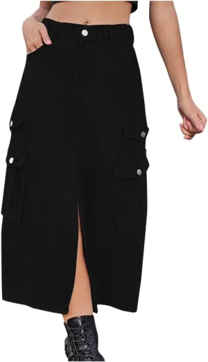 HGps8w Womens Summer Split Front Cargo Skirt Casual High Waisted A-Line Midi Long Denim Skirts