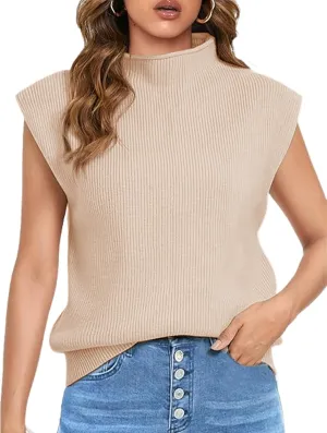 Himosyber Women's Solid Sleeveless Vest Elegant High Neck Stretchable Cap Sleeve Knit Sweater Tops