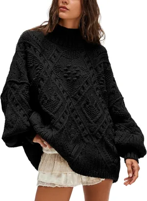 Hixiaohe Womens Sweaters Trendy Turtleneck Crochet Top Oversized Long Sleeve Chunky Knit Pullover Sweater Loose Jumper Tops