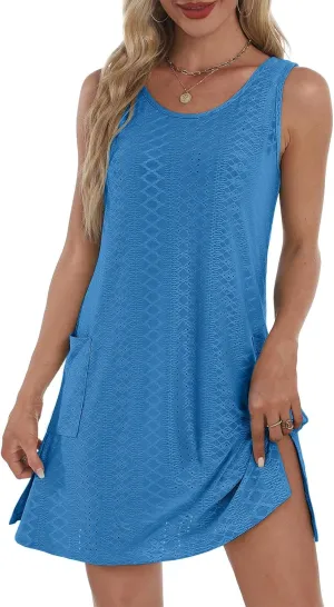 hlysgo Coverup Summer Dresses for Women 2025 Eyelet Casual Loose Sleeveless Mini Sundresses Beach Tank Dresses with Pockets