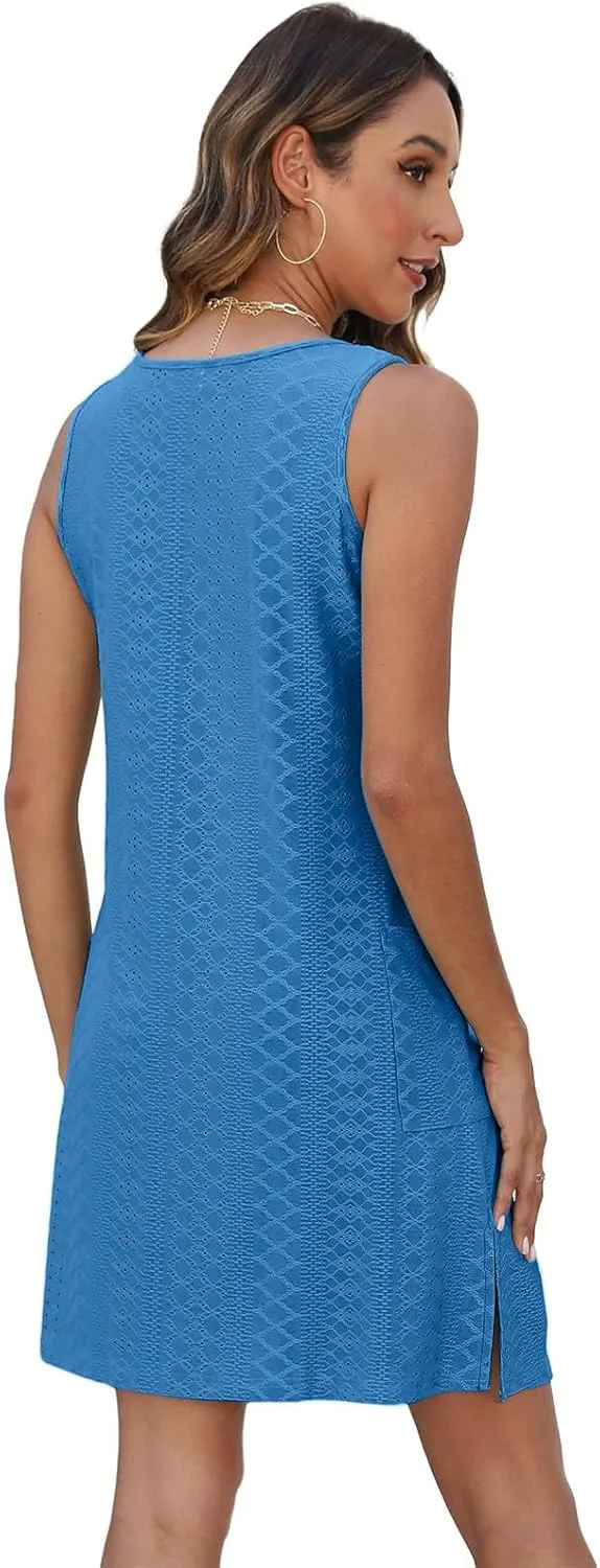 hlysgo Coverup Summer Dresses for Women 2025 Eyelet Casual Loose Sleeveless Mini Sundresses Beach Tank Dresses with Pockets