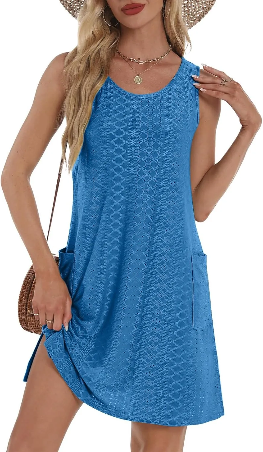 hlysgo Coverup Summer Dresses for Women 2025 Eyelet Casual Loose Sleeveless Mini Sundresses Beach Tank Dresses with Pockets