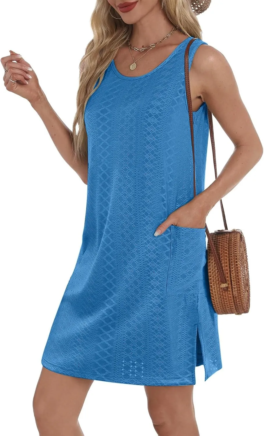 hlysgo Coverup Summer Dresses for Women 2025 Eyelet Casual Loose Sleeveless Mini Sundresses Beach Tank Dresses with Pockets