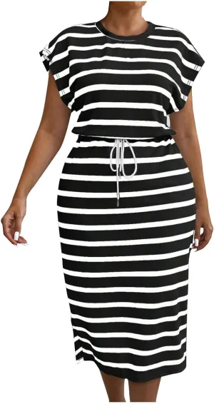 hlysgo Going Out Dresses for Women 2025 Summer Casual Short Sleeve Midi Dress Plus Size Drawstring Waist Stripes Beach Dress