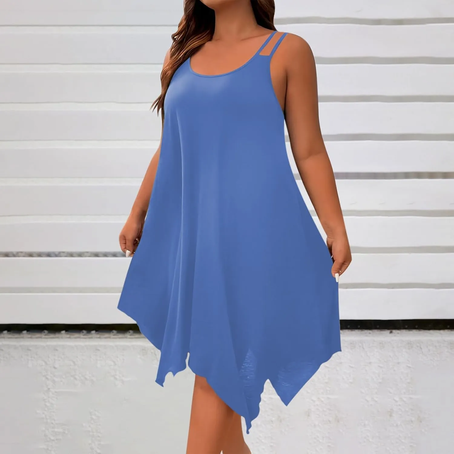 hlysgo Plus Size Dress for Women 2025 Summer Sleeveless V Neck Mini Dresses Casual Loose Fit Handkerchief Hem Short Sundress