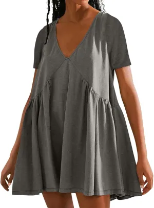hlysgo Summer Dresses for Women 2024 Casual Loose Fit Short Sleeve V Neck Mini Dress Trendy Swing Pleated Babydoll Dress