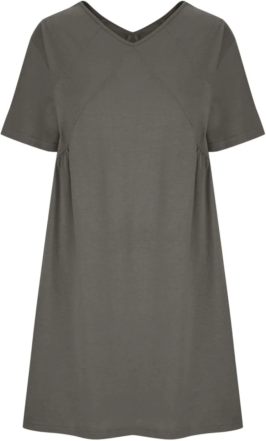 hlysgo Summer Dresses for Women 2024 Casual Loose Fit Short Sleeve V Neck Mini Dress Trendy Swing Pleated Babydoll Dress