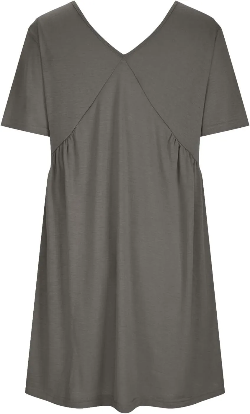 hlysgo Summer Dresses for Women 2024 Casual Loose Fit Short Sleeve V Neck Mini Dress Trendy Swing Pleated Babydoll Dress