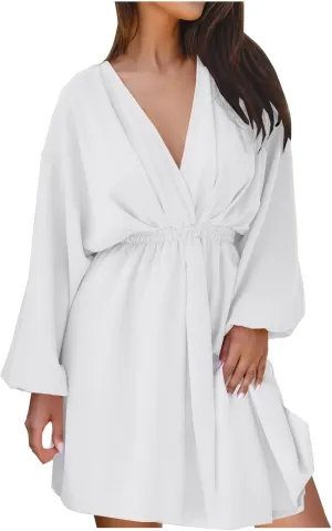 hlysgo Summer Dresses for Women 2025 Casual Loose Fit Lantren Long Sleeve V Neck Mini Dress A-Line Swing Short Beach Dress