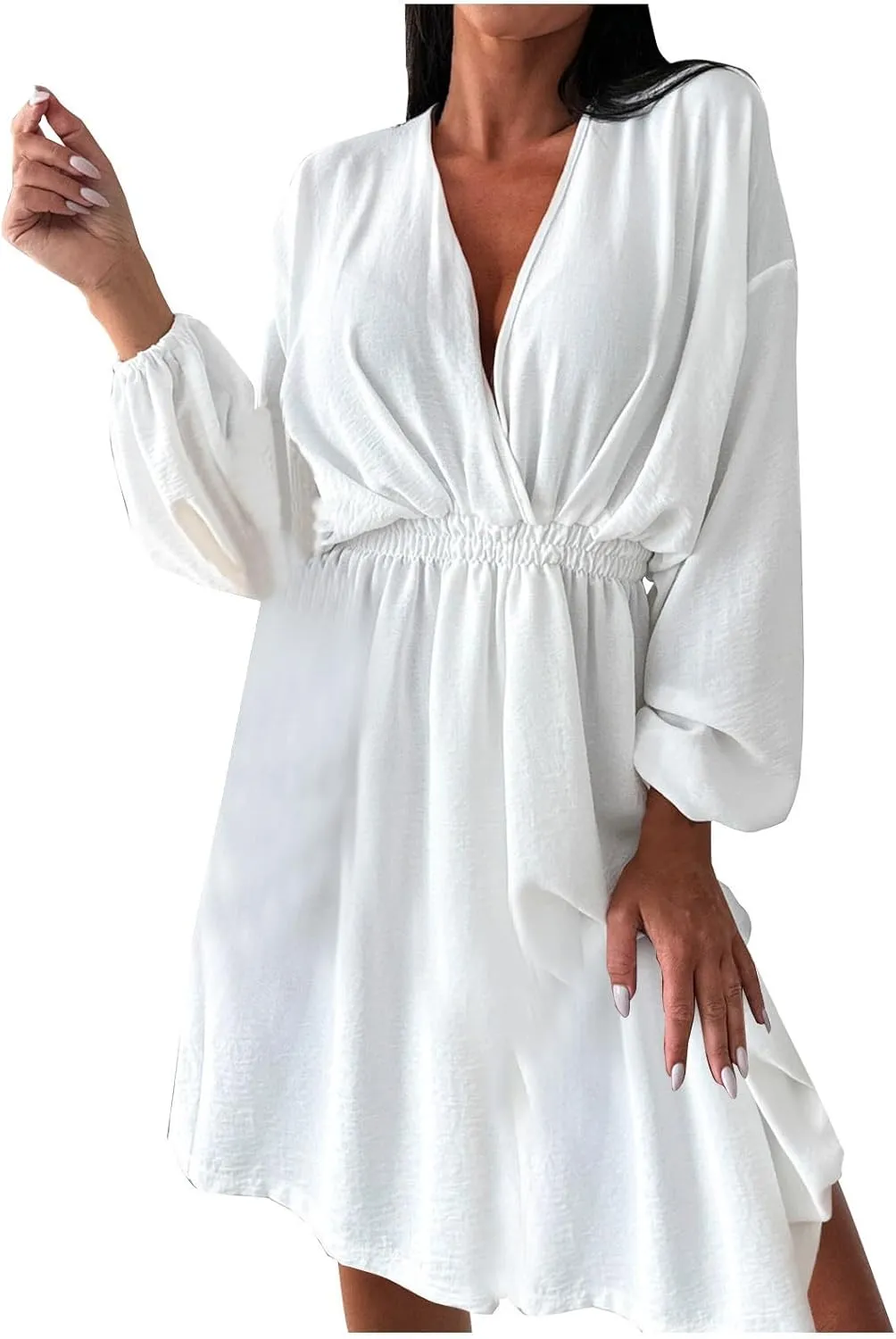 hlysgo Summer Dresses for Women 2025 Casual Loose Fit Lantren Long Sleeve V Neck Mini Dress A-Line Swing Short Beach Dress