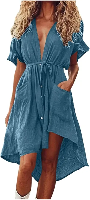 hlysgo Summer Dresses for Women Casual Loose Comfy Short Sleeve Beach Vacation Dress High-Low Hem V Neck Shirt Mini Dress