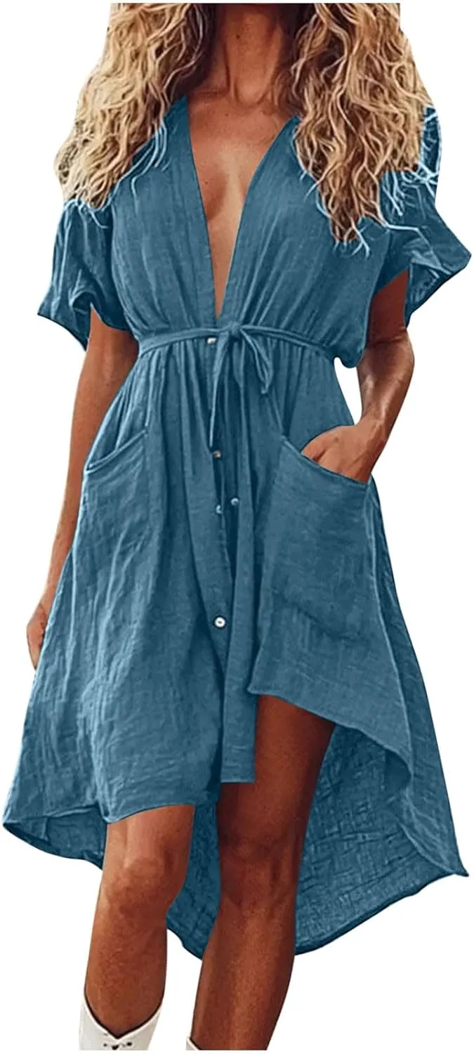 hlysgo Summer Dresses for Women Casual Loose Comfy Short Sleeve Beach Vacation Dress High-Low Hem V Neck Shirt Mini Dress