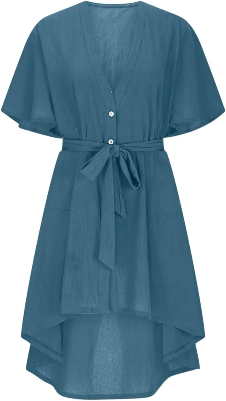 hlysgo Summer Dresses for Women Casual Loose Comfy Short Sleeve Beach Vacation Dress High-Low Hem V Neck Shirt Mini Dress