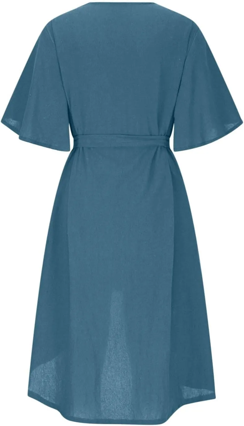 hlysgo Summer Dresses for Women Casual Loose Comfy Short Sleeve Beach Vacation Dress High-Low Hem V Neck Shirt Mini Dress