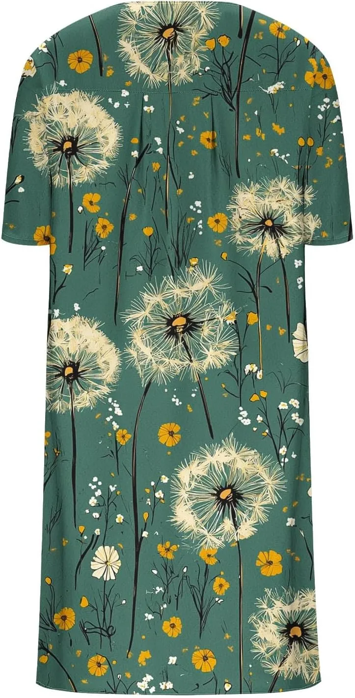 hlysgo Women Summer Dresses Casual Loose Fit Short Sleeve V Neck Midi Dress Trendy Floral Print Plus Size Comfy Beach Dress