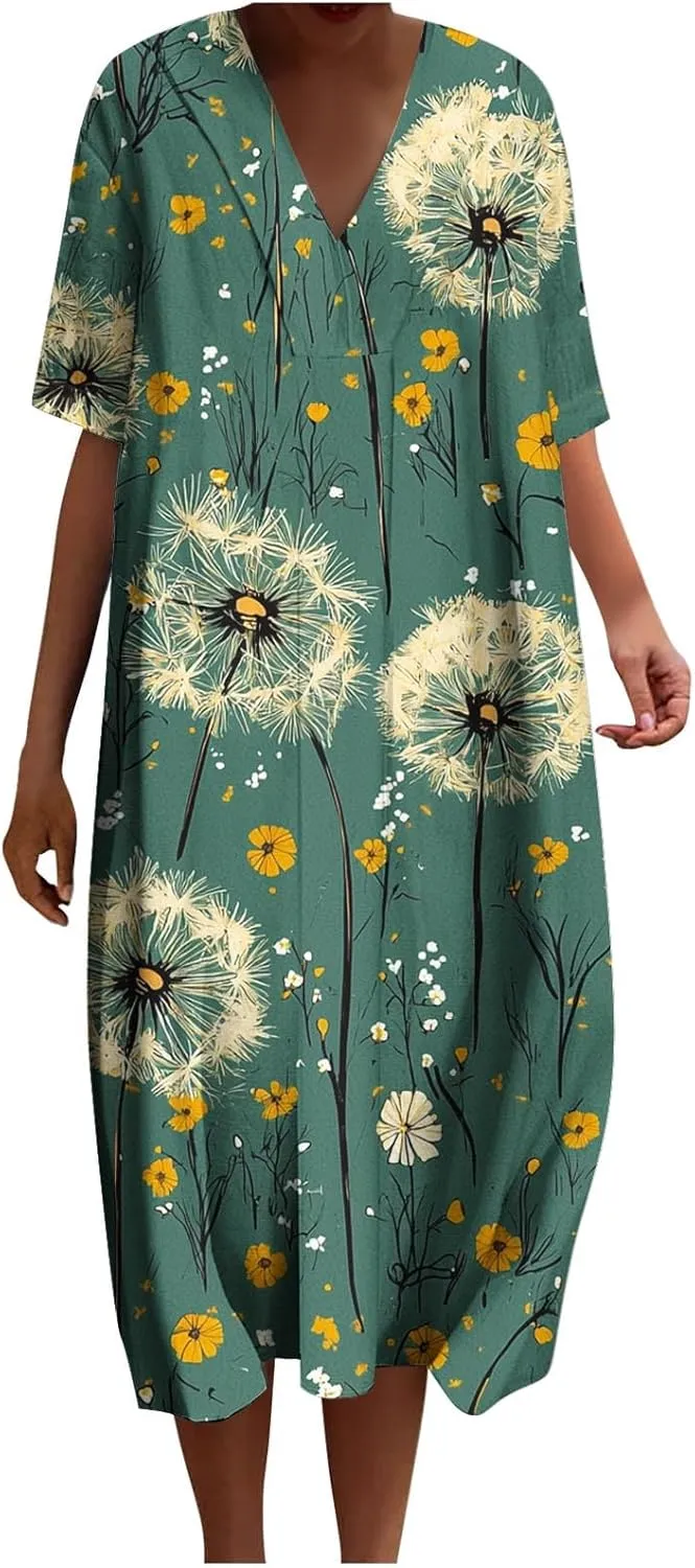 hlysgo Women Summer Dresses Casual Loose Fit Short Sleeve V Neck Midi Dress Trendy Floral Print Plus Size Comfy Beach Dress