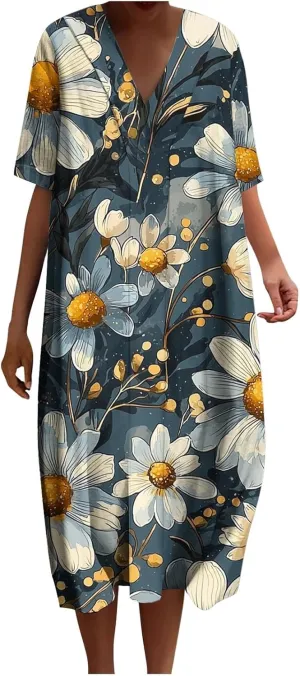 hlysgo Women Summer Dresses Casual Loose Fit Short Sleeve V Neck Midi Dress Trendy Floral Print Plus Size Comfy Beach Dress