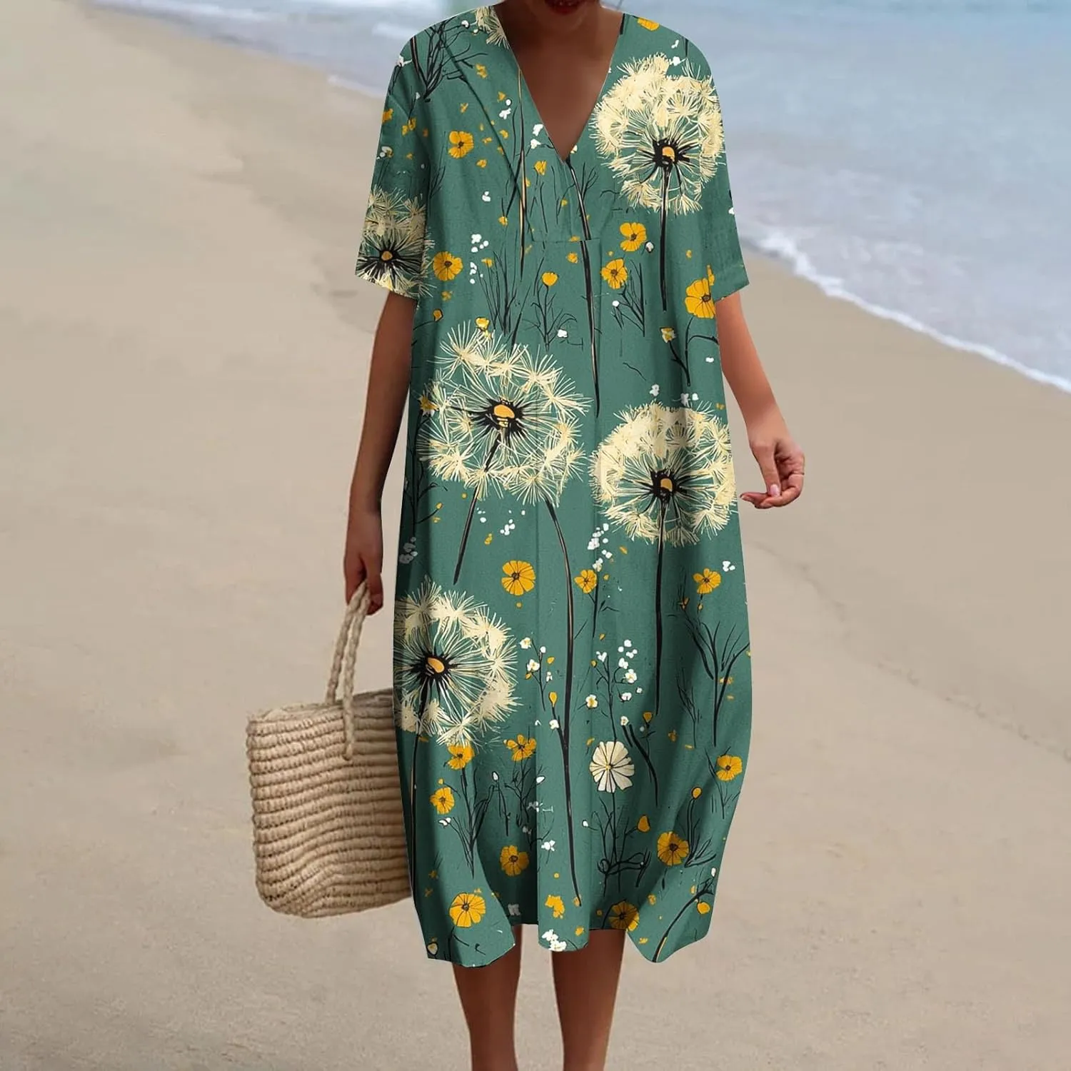 hlysgo Women Summer Dresses Casual Loose Fit Short Sleeve V Neck Midi Dress Trendy Floral Print Plus Size Comfy Beach Dress