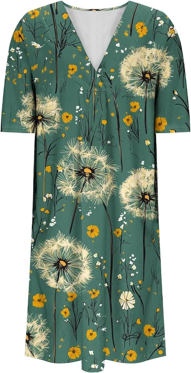 hlysgo Women Summer Dresses Casual Loose Fit Short Sleeve V Neck Midi Dress Trendy Floral Print Plus Size Comfy Beach Dress