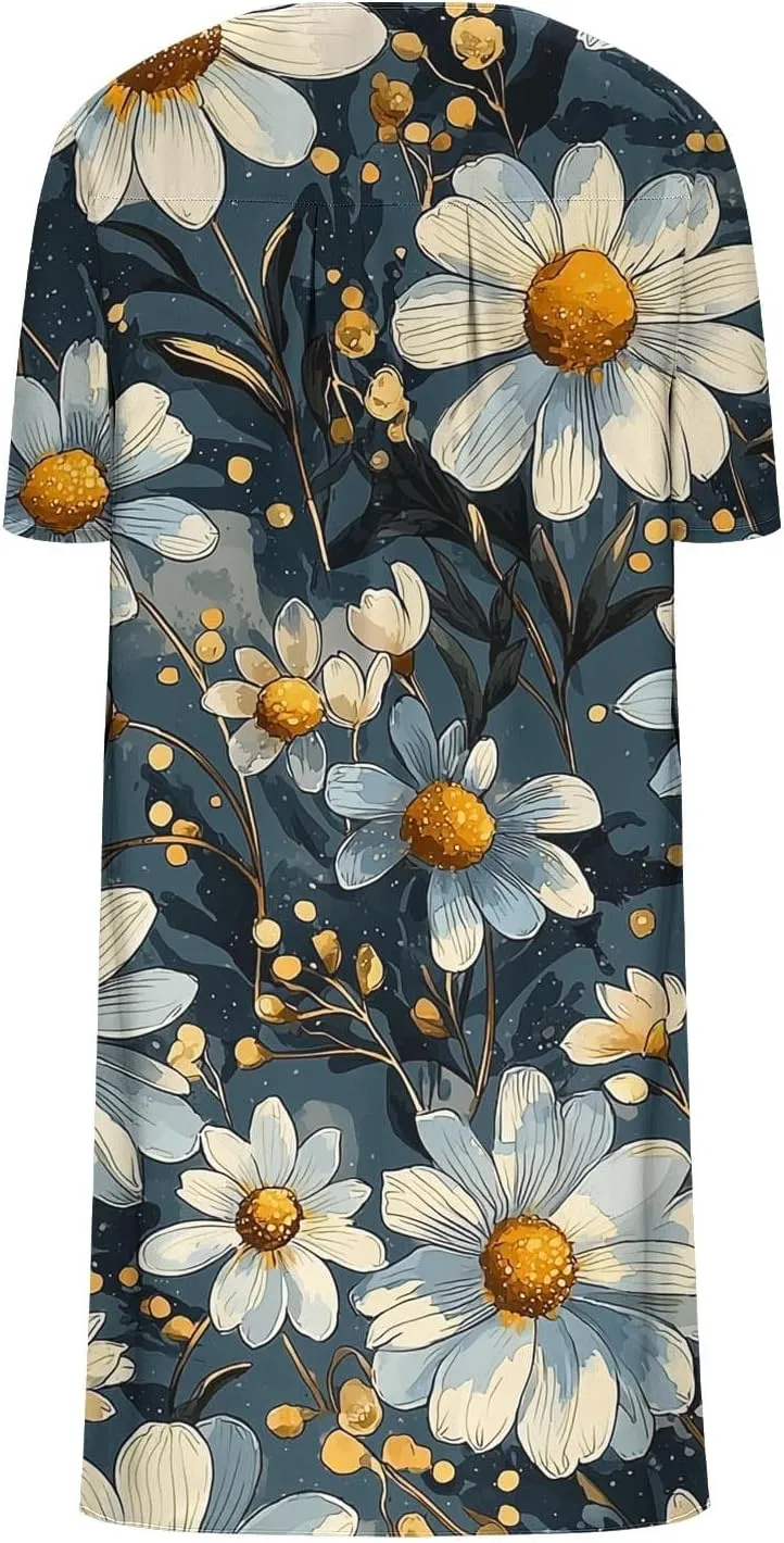 hlysgo Women Summer Dresses Casual Loose Fit Short Sleeve V Neck Midi Dress Trendy Floral Print Plus Size Comfy Beach Dress