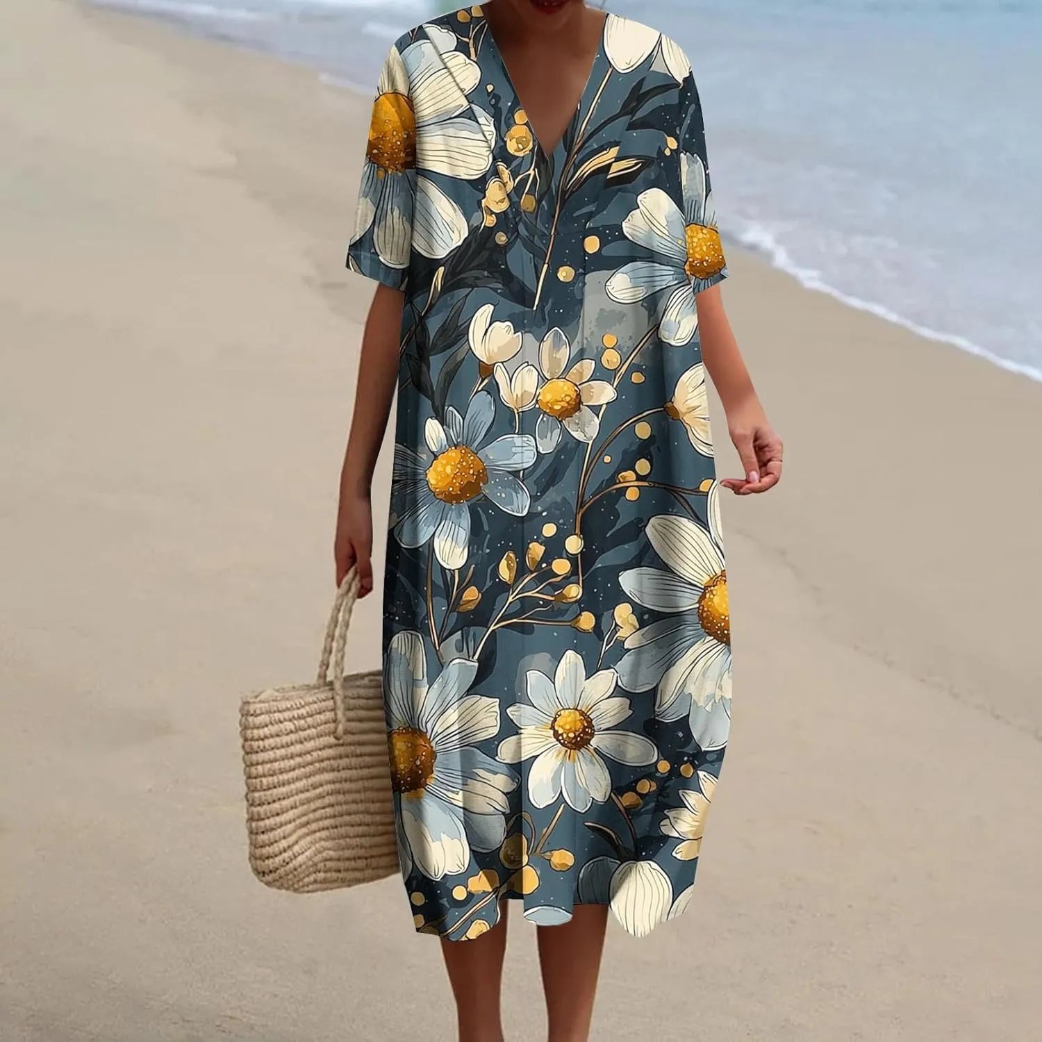 hlysgo Women Summer Dresses Casual Loose Fit Short Sleeve V Neck Midi Dress Trendy Floral Print Plus Size Comfy Beach Dress