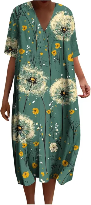 hlysgo Women Summer Dresses Casual Loose Fit Short Sleeve V Neck Midi Dress Trendy Floral Print Plus Size Comfy Beach Dress