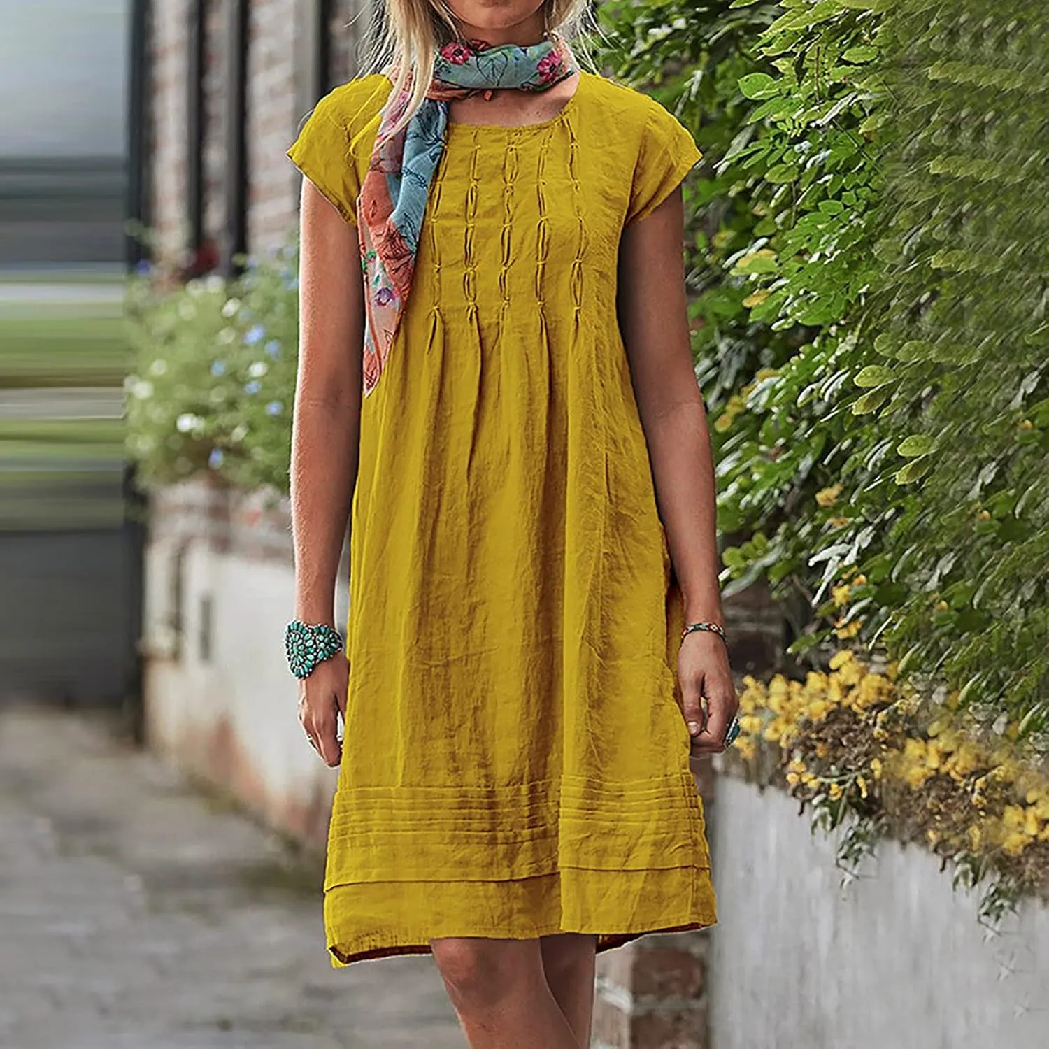 hlysgo Womens Casual Dresses 2025 Summer Loose Comfy Cotton Linen Pleated Dress Solid Short Sleeve Crew Neck Mini Dress