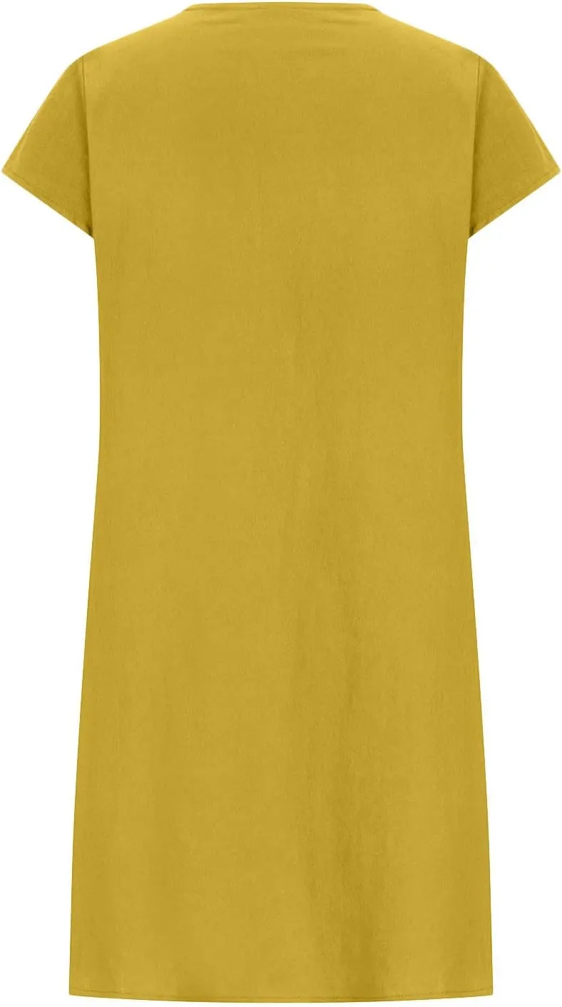 hlysgo Womens Casual Dresses 2025 Summer Loose Comfy Cotton Linen Pleated Dress Solid Short Sleeve Crew Neck Mini Dress