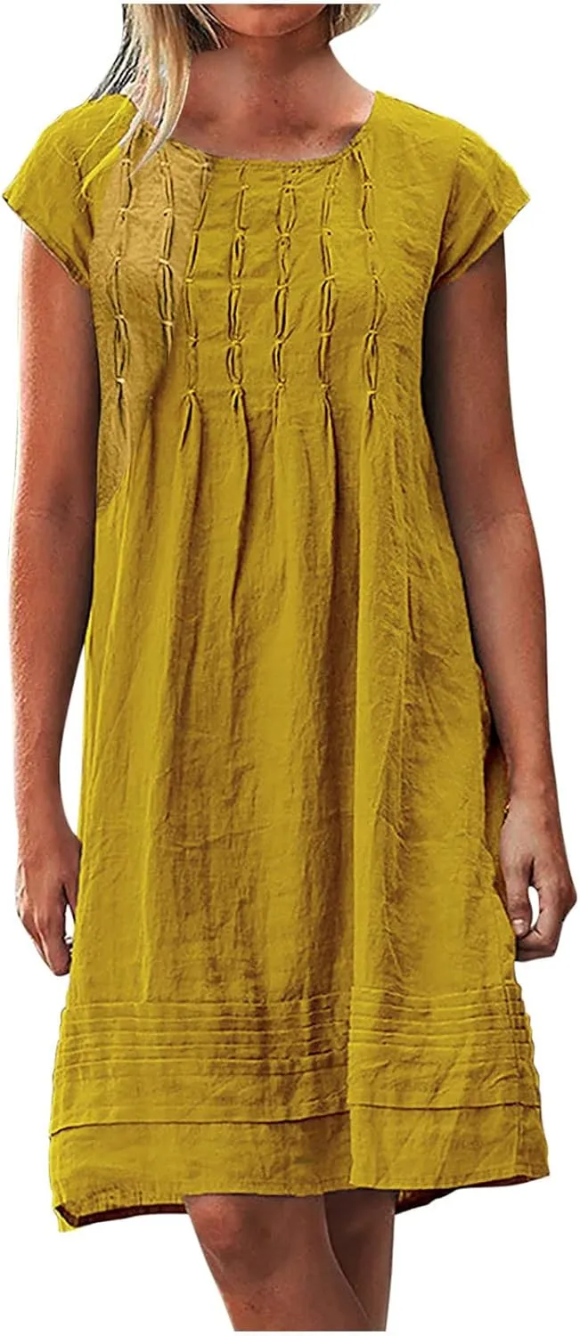 hlysgo Womens Casual Dresses 2025 Summer Loose Comfy Cotton Linen Pleated Dress Solid Short Sleeve Crew Neck Mini Dress