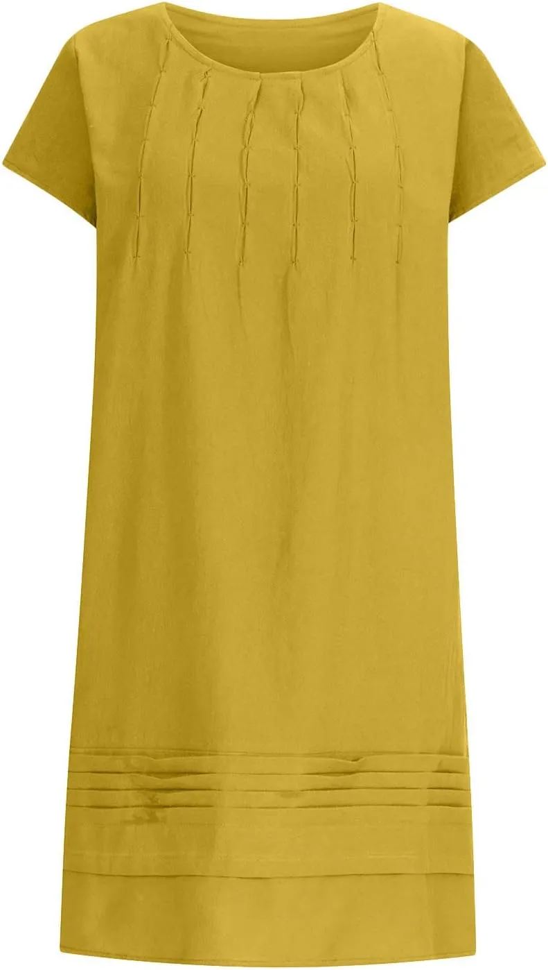 hlysgo Womens Casual Dresses 2025 Summer Loose Comfy Cotton Linen Pleated Dress Solid Short Sleeve Crew Neck Mini Dress