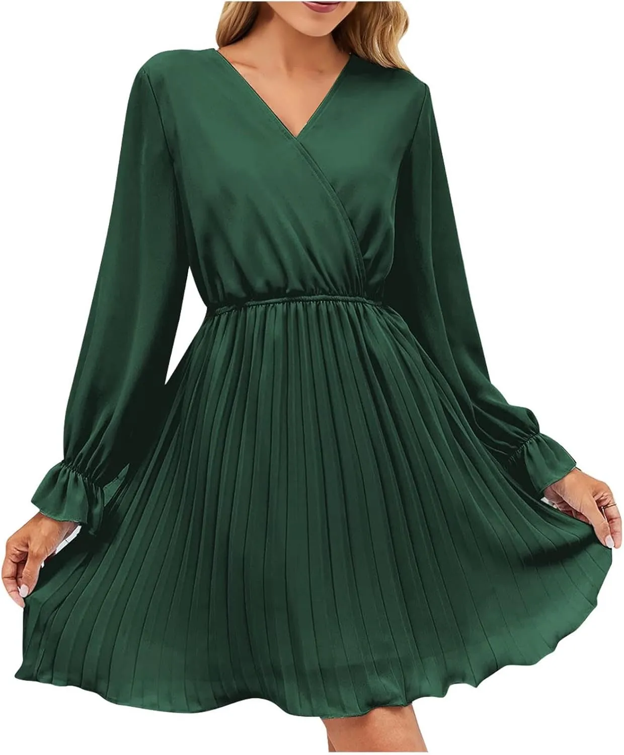 hlysgo Womens Casual Dresses 2025 Summer Slim Fit A-Line Flowy Beach Dress Trendy Long Sleeve V Neck Pleated Mini Dress