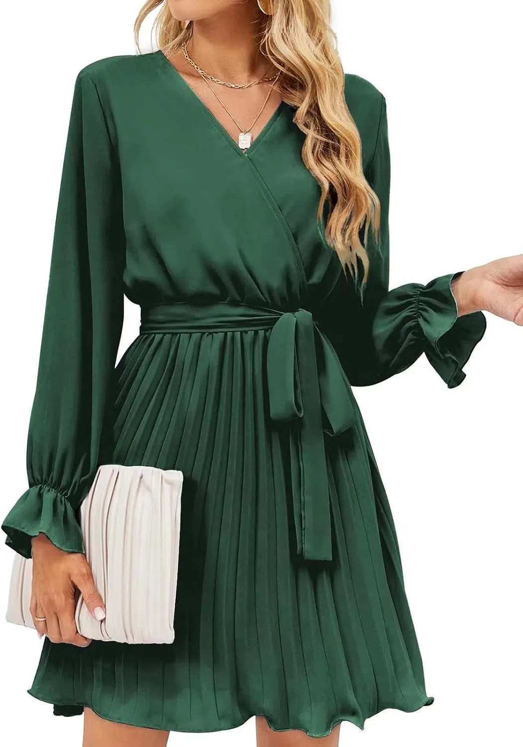 hlysgo Womens Casual Dresses 2025 Summer Slim Fit A-Line Flowy Beach Dress Trendy Long Sleeve V Neck Pleated Mini Dress
