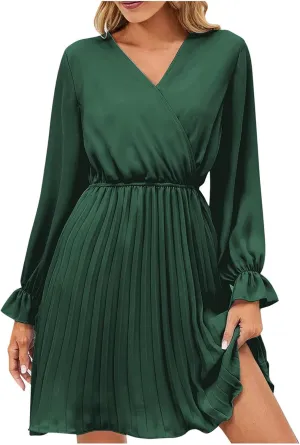 hlysgo Womens Casual Dresses 2025 Summer Slim Fit A-Line Flowy Beach Dress Trendy Long Sleeve V Neck Pleated Mini Dress