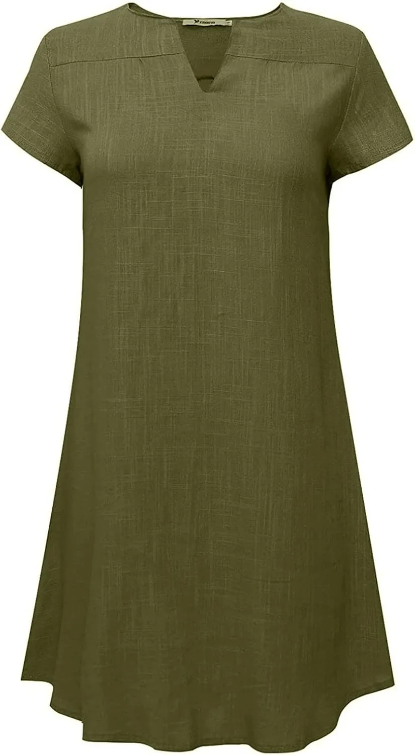 hlysgo Women's Casual Dresses Summer Loose Comfy Cotton Linen Vacation Mini Dress Plus Size Short Sleeve V Neck Beach Dress
