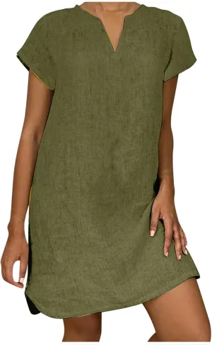 hlysgo Women's Casual Dresses Summer Loose Comfy Cotton Linen Vacation Mini Dress Plus Size Short Sleeve V Neck Beach Dress