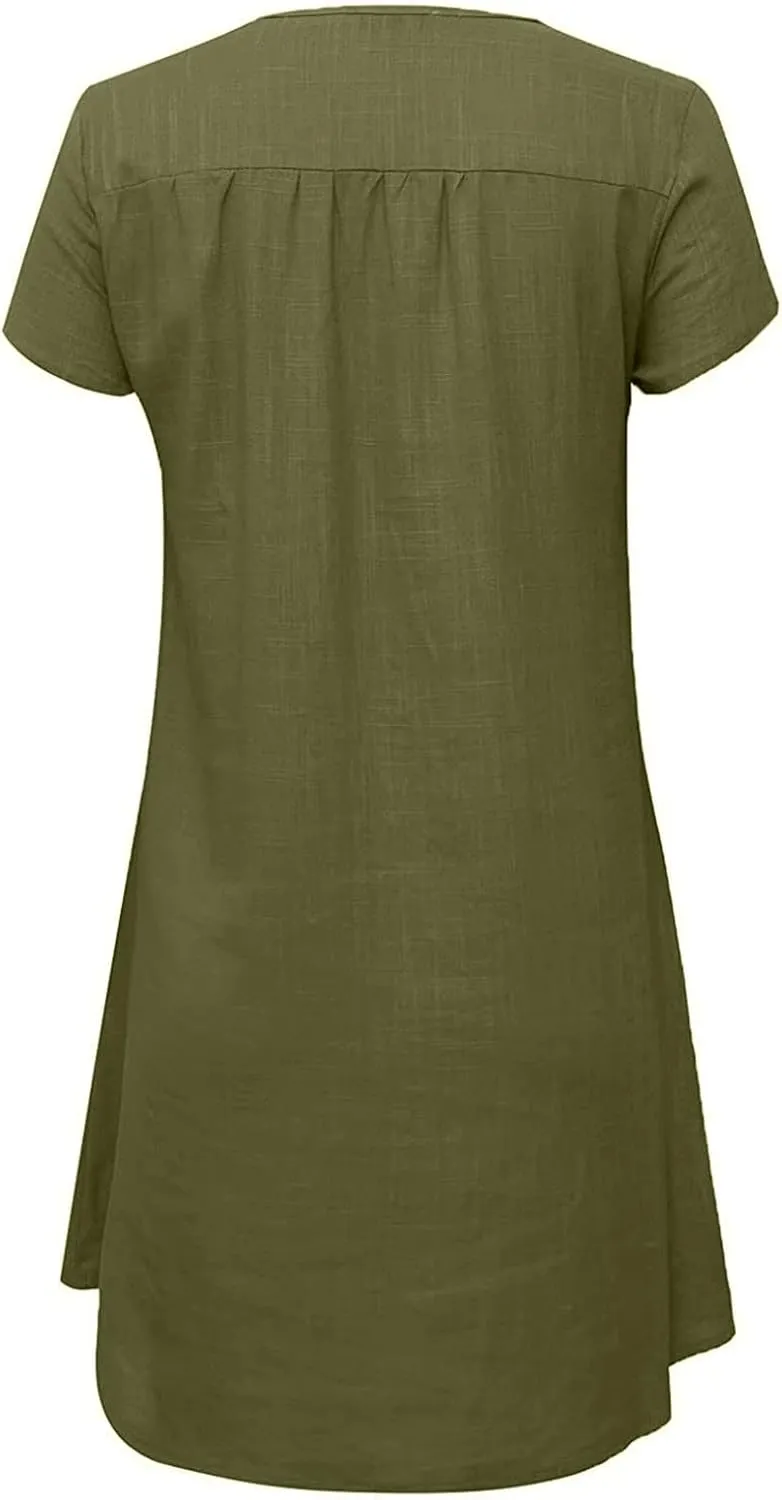 hlysgo Women's Casual Dresses Summer Loose Comfy Cotton Linen Vacation Mini Dress Plus Size Short Sleeve V Neck Beach Dress