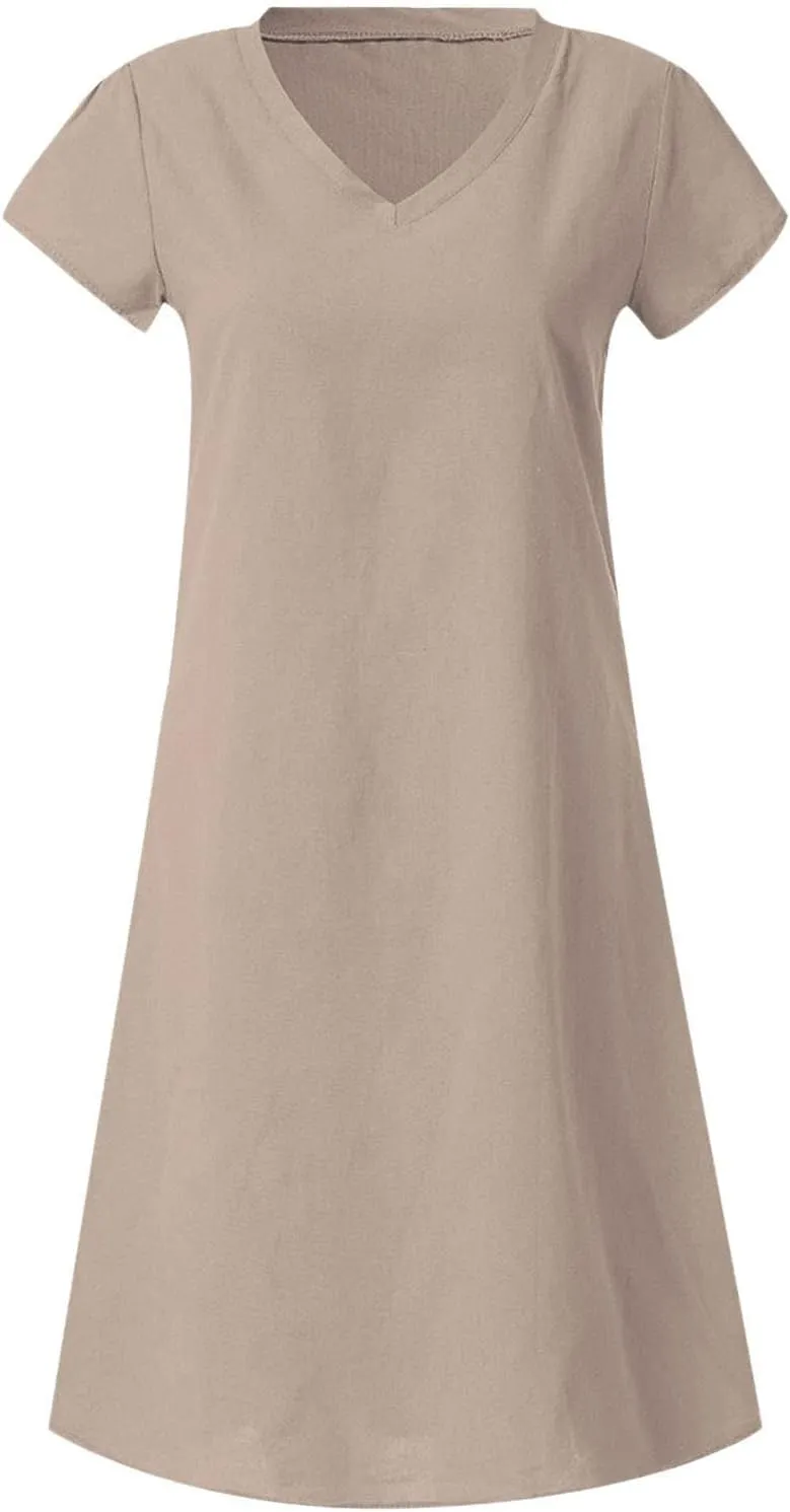 hlysgo Womens Cotton Linen Dress Casual Loose Fit Short Sleeve V Neck Mini Dress Summer Knee Length Beach Dress for Ladies